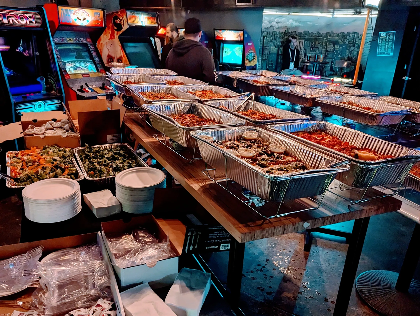 Assorted food trays at gaming venue